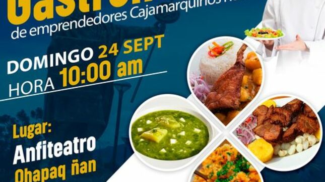 Este domingo 24 de setiembre desde las 10 de la mañana, te invitamos a disfrutar de diferentes potajes cajamarquinos en el Anfiteatro del complejo Qhapaq Ñan, frente al polideportivo. 
¡𝐓𝐞 𝐞𝐬𝐩𝐞𝐫𝐚𝐦𝐨𝐬! 