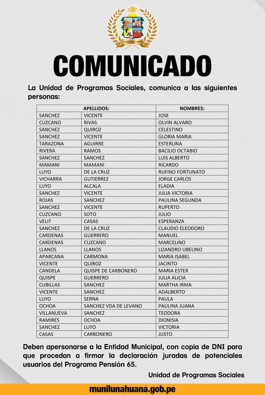 La Unidad de Programas Sociales, comunica a las siguientes personas:
• Sánchez Vicente, José
• Cuzcano Rivas, Olvin Álvaro
• Sánchez Quiroz, Celestino
• Sánchez Vicente, Gloria María
• Tarazona Aguirre, Esterlina
• Rivera ramos, Bacilio Octabio
• Sánchez Sánchez, Luis Alberto
• Mamani Mamani, Ricardo
• Luyo de la Cruz, Rufino Fortunato
• Vicharra Gutiérrez, Jorge Carlos
• Luyo Alcalá, Eladia
• Sánchez Vicente, Julia Victoria
• Rojas Sánchez, Paulina Segunda
• Sánchez Vicente, Ruperto
• Cuzcano Soto, Julio
• Velit Casas, Esperanza
• Sánchez de la Cruz, Claudio Eleodoro
• Cárdenas Guerrero, Manuel
• Cárdenas Cuzcano, Marcelino
• Llanos Llanos, Lizandro Ubelino
• Aparcana Carmona, María Isabel
• Vicente Quiroz, Jacinto
• Candela Quispe de Carbonero, María Ester
• Quispe Guerrero, Julia Alicia
• Cubillas Sánchez, Martha Irma
• Vicente Sánchez, Adalberto
• Luyo Serna, Paula
• Ochoa Sánchez Vda. De Lévano, Paulina Juana
• Villanueva Sánchez, Teodora
• Ramires Ochoa, Dionisia
• Sánchez Luyo, Victoria
• Casas Carbonero, Justo
Deben apersonarse a la Entidad Municipal, con copia de DNI para que procedan a firmar la declaración juradas de potenciales usuarios del Programa Pensión 65.