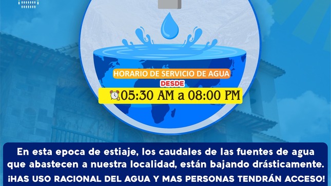 Foto de comunicado y mensaje de uso responsable de Agua Potable en el distrito de Andahuaylillas.