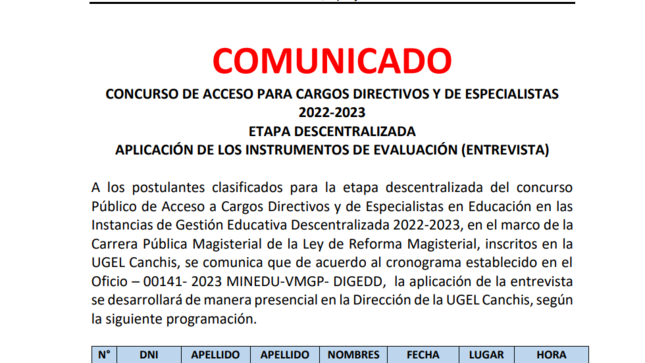 CONCURSO DE ACCESO PARA CARGOS DIRECTIVOS Y DE ESPECIALISTAS 