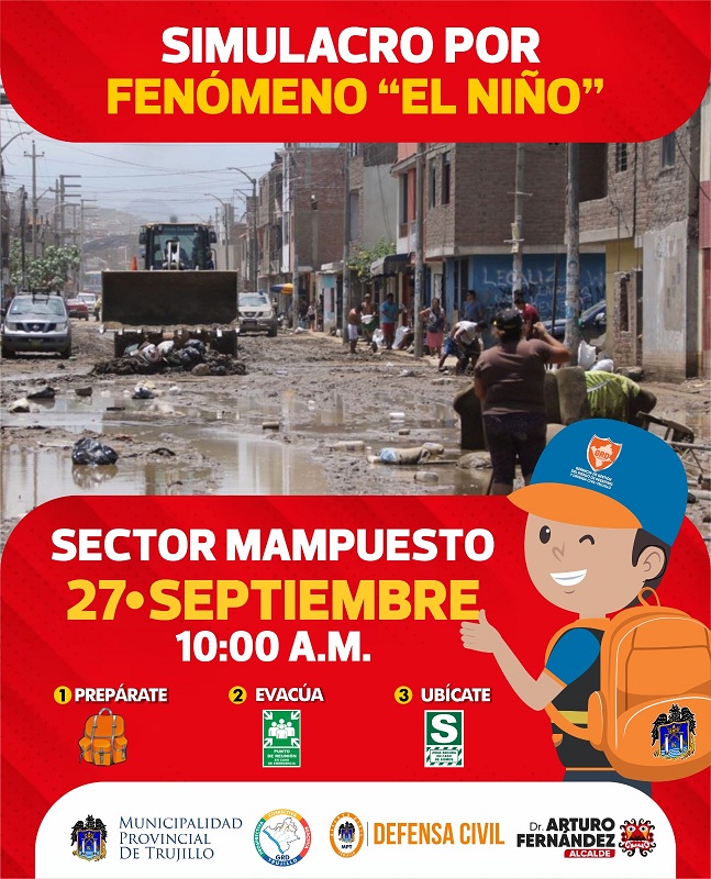 Un simulacro por el Fenómeno de El Niño realizará este miércoles 27 la Municipalidad Provincial de Trujillo para capacitar a la población ante la posibilidad que la quebrada San Idelfonso se active debido a fuertes lluvias.
