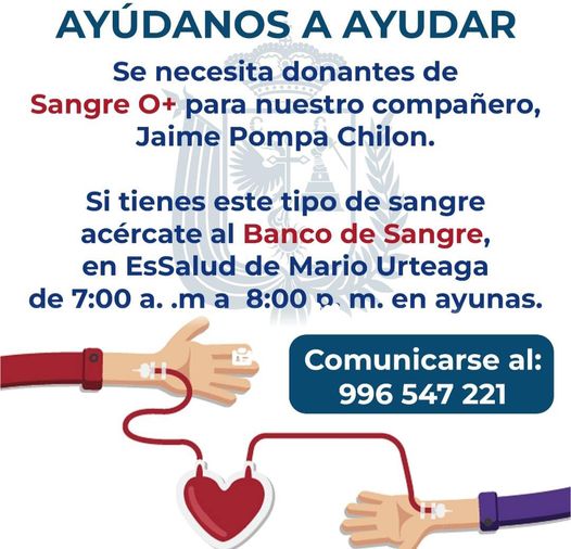 Le pedimos a todos los cajamarquinos apoyar a nuestro colaborador, Jaime con la donación de unidades de sangre,  agradeciendo su buen corazón. 