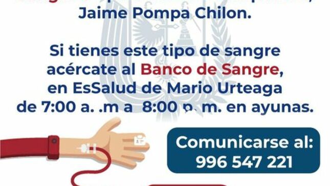 Le pedimos a todos los cajamarquinos apoyar a nuestro colaborador, Jaime con la donación de unidades de sangre,  agradeciendo su buen corazón. 