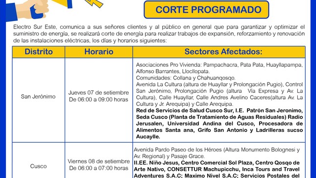 ¡ATENCIÓN CUSCO! CORTE PROGRAMADO