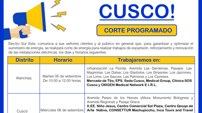 ¡ATENCIÓN CUSCO! CORTE PROGRAMADO