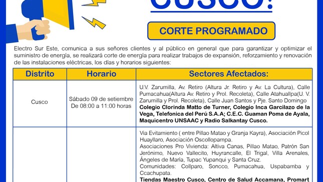 ¡ATENCIÓN CUSCO! CORTE PROGRAMADO
