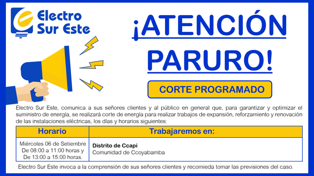 ¡ATENCIÓN  PARURO! CORTE PROGRAMADO
