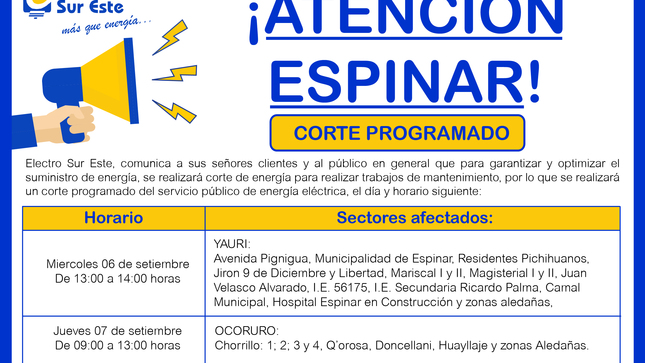 ¡ATENCIÓN ESPINAR! CORTE PROGRAMADO
