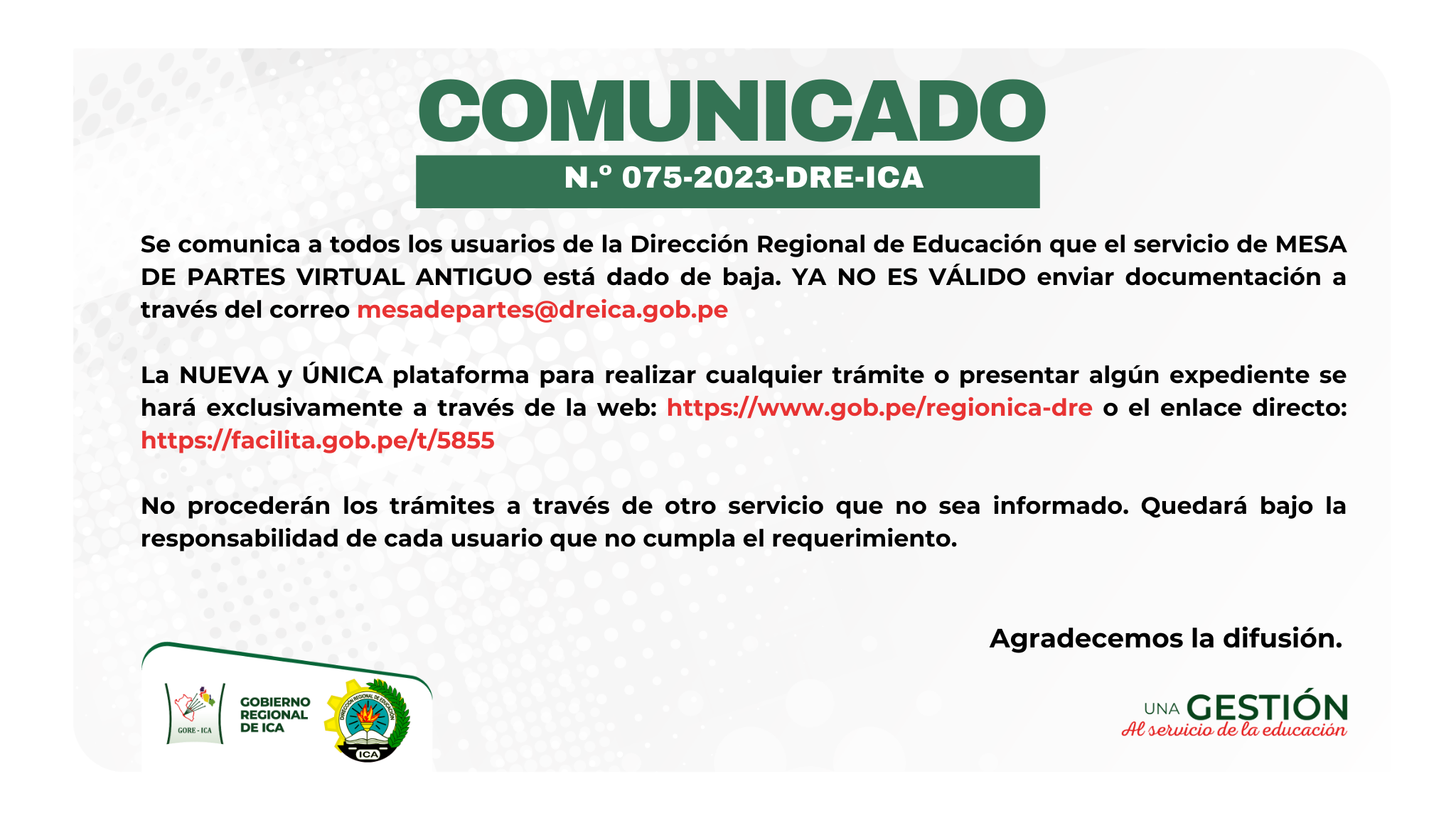 Atención a los usuarios al comunicado oficial N.º 075-2023-DRE-ICA