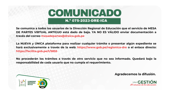Atención a los usuarios al comunicado oficial N.º 075-2023-DRE-ICA