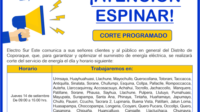 ¡ATENCIÓN  COPORAQUE! CORTE PROGRAMADO
