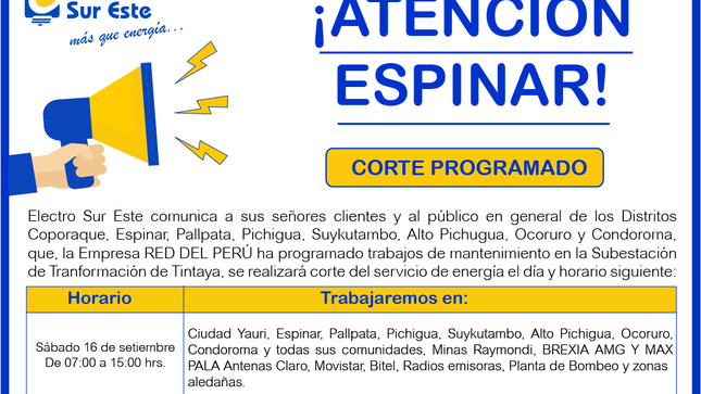 ¡ATENCIÓN ESPINAR! CORTE PROGRAMADO
