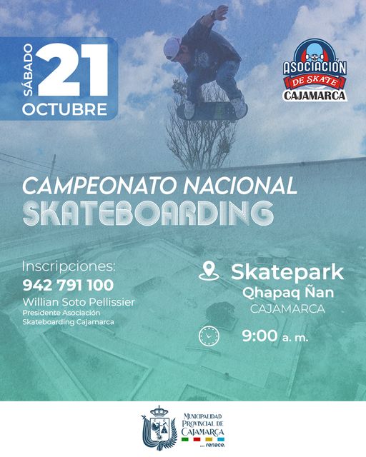 Este 21 de octubre, te invitamos a ser parte del campeonato nacional de skateboarding que se llevará a cabo en el Polideportivo Qhapaq Ñan, a partir de las 9:00 a. m. 🏞️
🗣¿Eres un apasionado del skate? ¿Quieres ser testigo de las acrobacias más impresionantes? ¡Entonces no puedes perdértelo!
Ven con tus amigos y familiares para disfrutar de un día lleno de adrenalina, música y el talento de los mejores skaters de todo el país. 🤘
🤩¡Prepara tus trucos y tu mejor actitud, que este evento promete ser inolvidable! Nos vemos en la pista. 🤙
