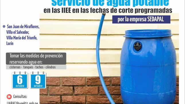 Asegurar la continuidad del servicio de agua potable en las IIEE en las fechas de corte programadas por la empresa SEDAPAL