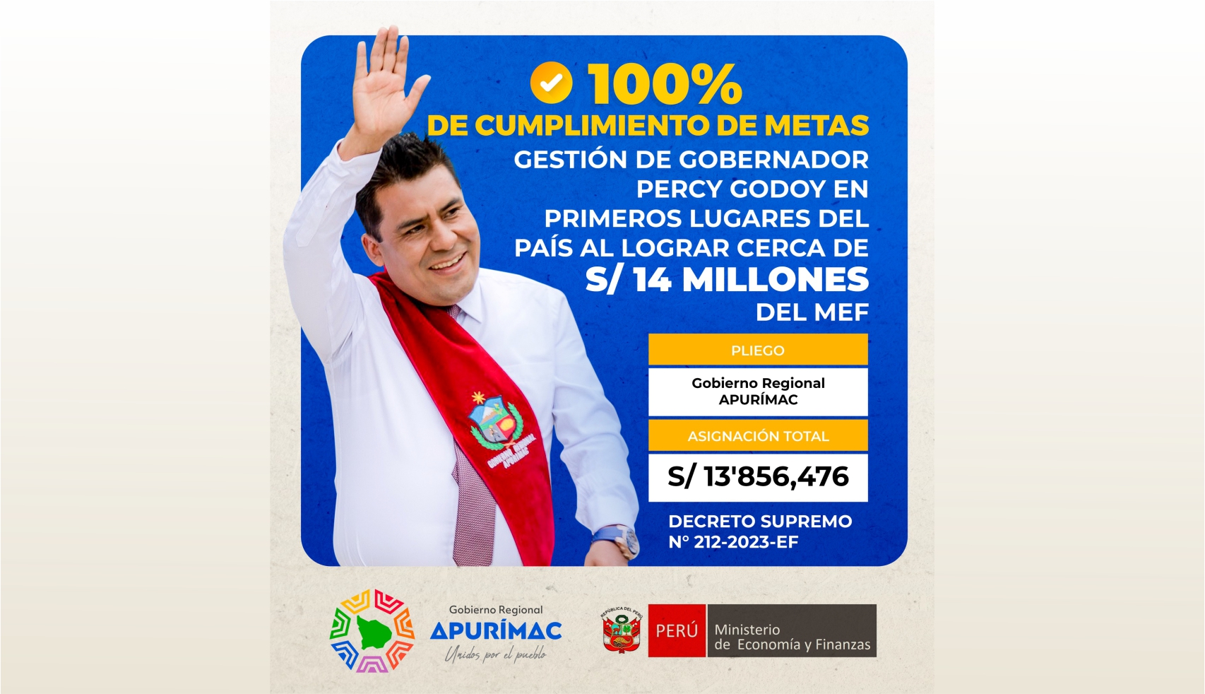 Gestión de Gobernador Percy Godoy en primeros lugares del país al lograr cerca de 14 millones del MEF