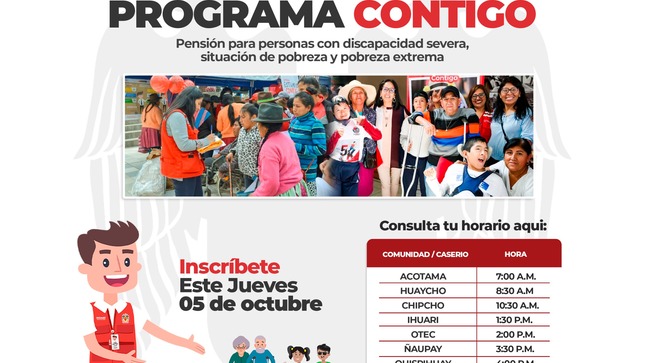 Con la finalidad de mejorar la calidad de vida de las personas con discapacidad severa y estén en condiciones de pobreza y pobreza extrema, la Municipalidad Distrital de Ihuarí, ha programado un primer Cronograma de Inscripción al Programa Nacional CONTIGO. 
Nuestra primera autoridad Lic. Elmer Calderón Carrasco, tiene organizado un despliegue de gestores municipales que estarán en búsqueda de las personas con discapacidad, revisa el cronograma que visitaremos tu localidad.
𝗥𝗲𝗰𝘂𝗲𝗿𝗱𝗮 𝗾𝘂𝗲 𝗲𝗹 𝗣𝗿𝗼𝗴𝗿𝗮𝗺𝗮 𝗖𝗢𝗡𝗧𝗜𝗚𝗢 
Está adscrito al Ministerio de Desarrollo e Inclusión Social, otorga una pensión no contributiva de 300 soles cada dos meses, a personas con discapacidad severa, que no perciben ingreso alguno, se encuentra en situación de pobreza o pobreza extrema y se promueve para elevar su calidad de vida y contribuir a la inclusión  de quienes más lo necesitan.
Requisitos:
Copia de DNI de la persona con discapacidad 
Copia  de DNI del representante en caso sea menor de edad ( mamá, papá o apoderado)  
Copia del certificado de discapacidad 
Contar con CSE ( pobreza extrema / pobre)
#MunicipalidadDistritalIhuarí
#IhuaríFuturoDeTodos
#ElmerCalderónCarrasco
#TrabajamosPorTi