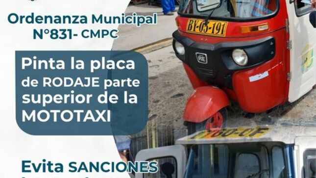 Esta medida permitirá un mejor reconocimiento de todas las unidades que transiten en nuestra ciudad. 
📌La Municipalidad Provincial de Cajamarca, a través de una Ordenanza Municipal, estableció la obligatoriedad del pintado de la placa de rodaje en la parte superior – techo – de las mototaxi dedicados al servicio de transporte público de pasajeros en la ciudad de Cajamarca. 
👉La Ordenanza Municipal N° 831-CMP, publicada el 02 de marzo del 2023, el incumplimiento de la norma municipal, constituye una falta grave, sancionada con el 3% de la Unidad Impositiva Tributaria, UIT, además de la retención de la Tarjeta Única de Circulación TUC, al propietario y/o conductor del vehículo infractor.