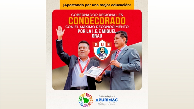 Gobernador Regional Percy Godoy es condecorado con el máximo reconocimiento y medalla de honor por el director de la I.E.E. Miguel Grau de Abancay