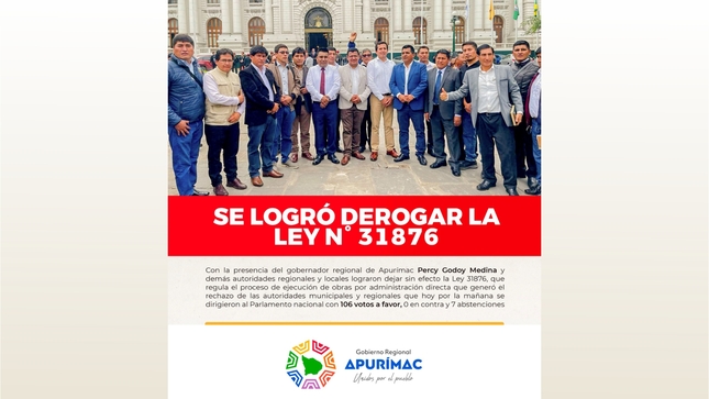Se logra derogar la ley 31876 que limita la inversión en obras por administración directa