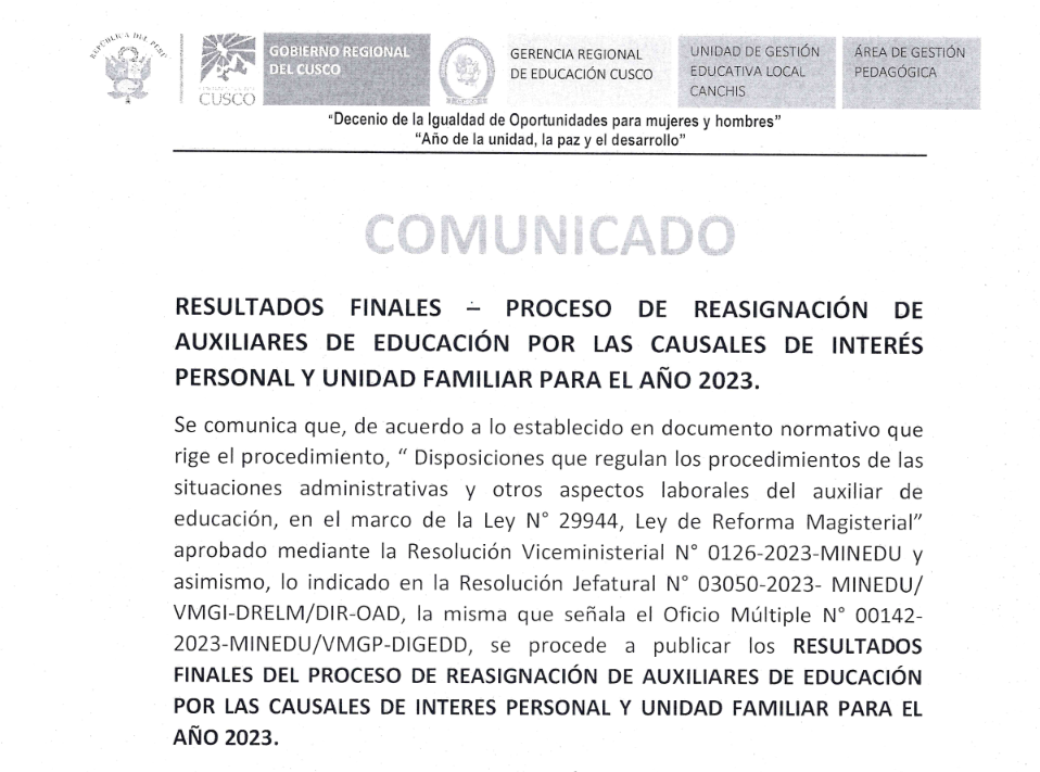 RESULTADOS FINALES DEL PROCESO DE REASIGNACIÓN DE AUXILIARES DE EDUCACIÓN POR LAS CAUSALES DE INTERÉS PERSONAL Y UNIDAD FAMILIAR PARA EL AÑO 2023.