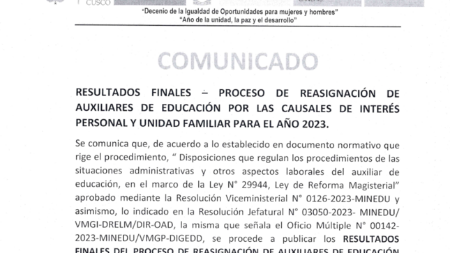 RESULTADOS FINALES DEL PROCESO DE REASIGNACIÓN DE AUXILIARES DE EDUCACIÓN POR LAS CAUSALES DE INTERÉS PERSONAL Y UNIDAD FAMILIAR PARA EL AÑO 2023.