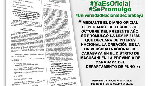 Se promulgo la ley N° 318885 que declara de Interés Nacional la creación de Universidad Nacional de Carabaya en el Diario Oficial el Peruano