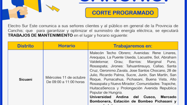 ¡ATENCIÓN CANCHIS! CORTE PROGRAMADO