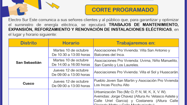 Comunicado - corte programado días 10, 12 y 13 de octubre- Cusco