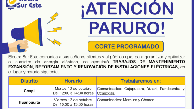 Comunicado - Corte Programado días 12 y 13 de Octubre - Paruro 