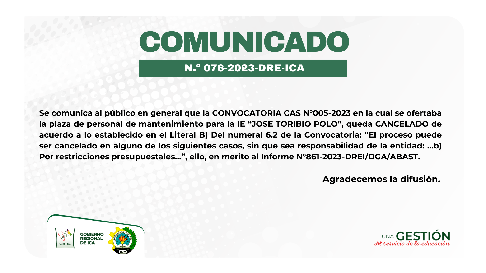 comunicado sobre Convocatoria CAS N°005-2023