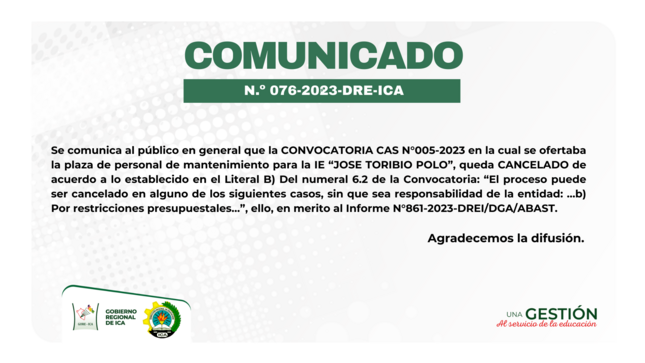 comunicado sobre Convocatoria CAS N°005-2023 