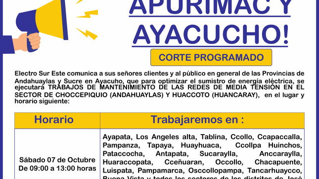 ¡ATENCIÓN APURÍMAC Y AYACUCHO! CORTE PROGRAMADO