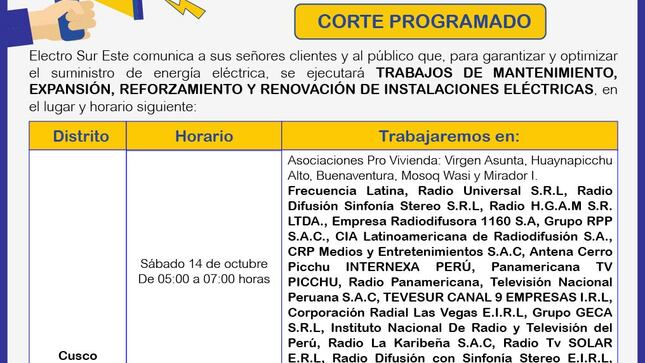 ¡ATENCIÓN CUSCO! CORTE PROGRAMADO