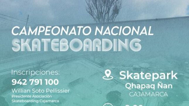 Este 21 de octubre, te invitamos a ser parte del campeonato nacional de skateboarding que se llevará a cabo en el Polideportivo Qhapaq Ñan, a partir de las 9:00 a. m. 🏞️ 
🗣¿Eres un apasionado del skate? ¿Quieres ser testigo de las acrobacias más impresionantes? ¡Entonces no puedes perdértelo!
Ven con tus amigos y familiares para disfrutar de un día lleno de adrenalina, música y el talento de los mejores skaters de todo el país. 🤘
🤩¡Prepara tus trucos y tu mejor actitud, que este evento promete ser inolvidable! Nos vemos en la pista. 🤙
