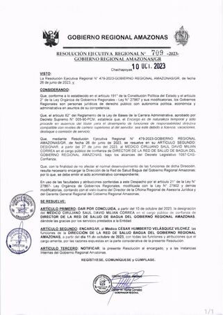 Mediante Resolución N°709-2023 Gobierno Regional Amazonas /GR designan como nuevo director encargado de la Red Integrada de Salud Bagua al Médico CÉSAR HUMBERTO VELÁSQUEZ VILCHEZ.
Cargo Público de confianza, cumplir las funciones de la Dirección de la Red Integrada de Salud Bagua del Gobierno Regional Amazonas, a partir del día 11 de octubre de 2023, con todas las funciones y atribuciones que el cargo amerita, por las razones expuestas en la parte considerativa de la presente Resoluci