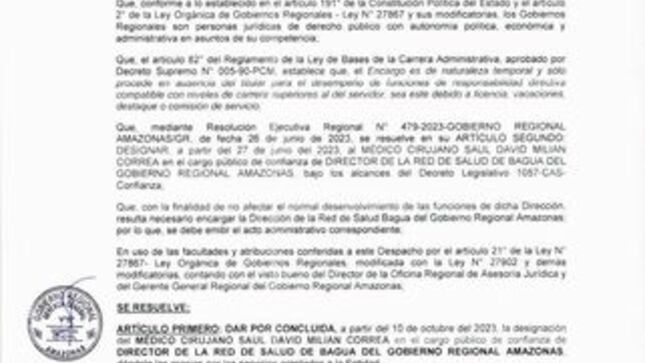 Mediante Resolución N°709-2023 Gobierno Regional Amazonas /GR designan como nuevo director encargado de la Red Integrada de Salud Bagua al Médico CÉSAR HUMBERTO VELÁSQUEZ VILCHEZ.  
Cargo Público de confianza, cumplir las funciones de la Dirección de la Red Integrada de Salud Bagua del Gobierno Regional Amazonas, a partir del día 11 de octubre de 2023, con todas las funciones y atribuciones que el cargo amerita, por las razones expuestas en la parte considerativa de la presente Resoluci