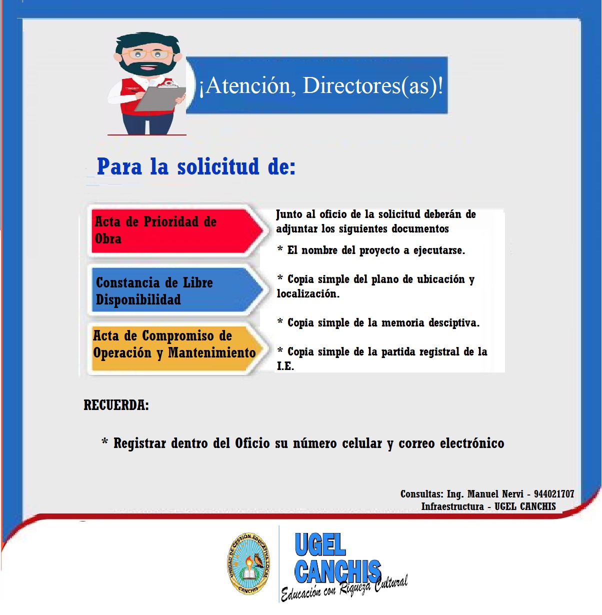 si el gobierno local de su localidad tiene programado un proyecto de inversión, será necesario que solicite los siguientes documentos a la UGEL CANCHIS. Para ello deberá de adjuntar a su Oficio, los documentos descritos.