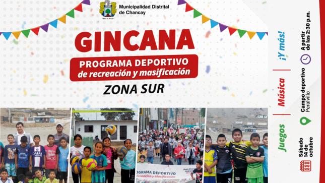 La Subgerencia de Educación, Cultura y Deportes se anuncia la emocionante Gincana del Programa Deportivo de Recreación y Masificación que se llevará a cabo el próximo sábado, 14 de octubre, en el Campo Deportivo de Peralvillo, a partir de las 2:30 pm.
