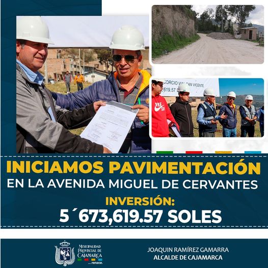La Municipalidad Provincial de Cajamarca llev贸 a cabo la entrega de terreno destinado para continuar con los trabajos de pavimentaci贸n y asfaltado en la Avenida Miguel de Cervantes, abarcando desde la cuadra 12 hasta la cuadra 29 en los sectores de San Vicente y El Estanco, por un monto de m谩s de 5 millones de soles.
