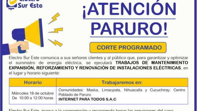 ¡ATENCIÓN PARURO! CORTE PROGRAMADO
