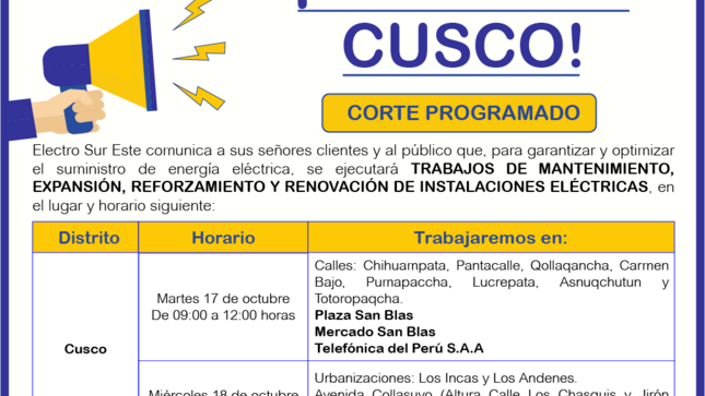 ¡ATENCIÓN CUSCO! CORTE PROGRAMADO