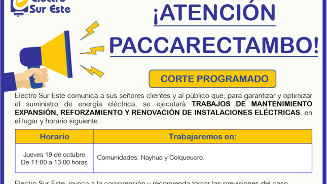 ¡ATENCIÓN PACCARECTAMBO! CORTE PROGRAMADO
