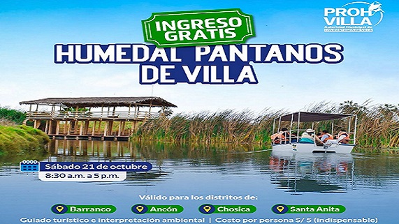 ¡Atención #Pantaneros de Barranco, Ancón, Chosica y Santa Anita! 
Este Sábado 21 de octubre tendrán INGRESO GRATIS al #HumedalPantanosDeVilla por ser mes de su aniversario Distrital.