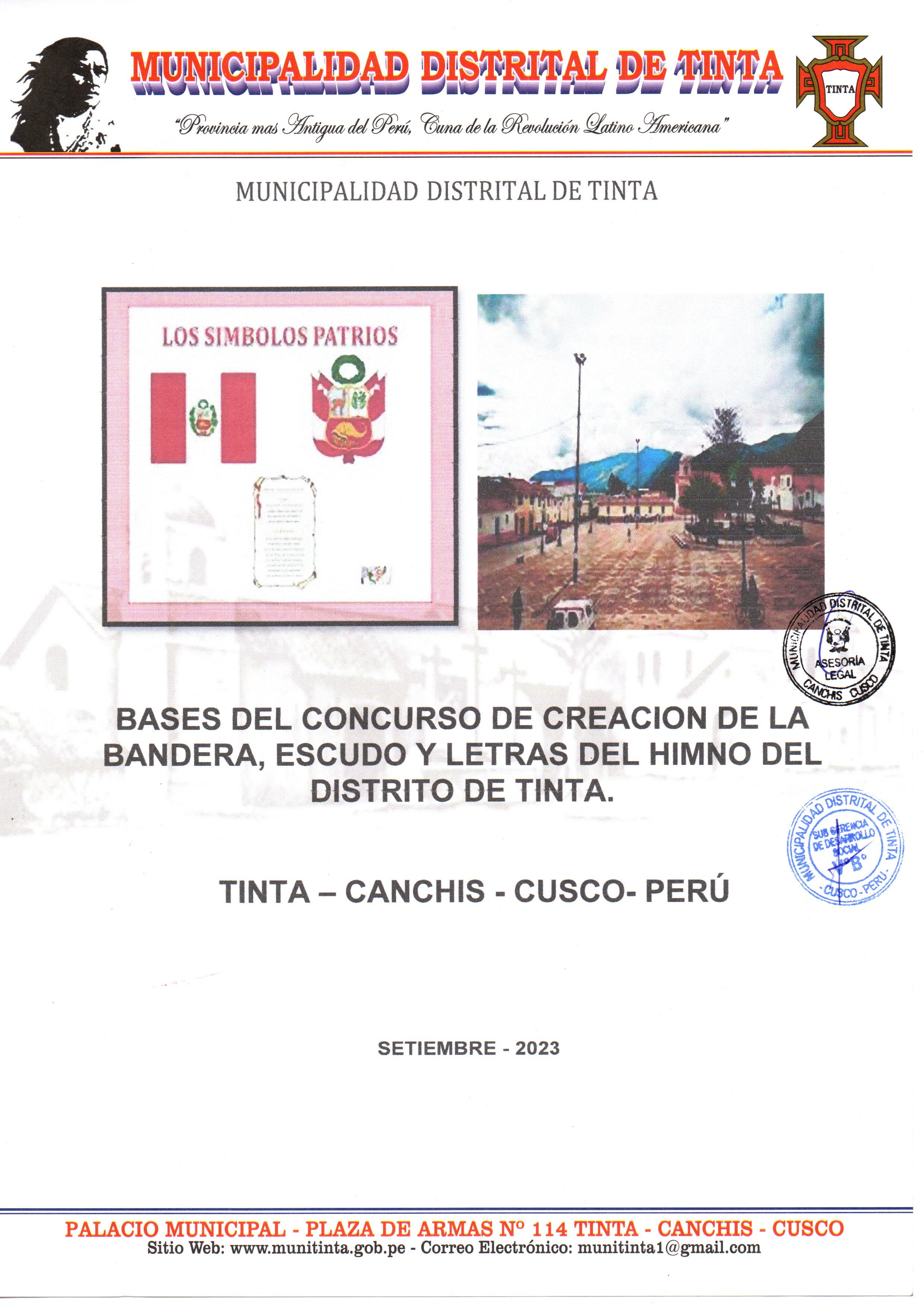 Concurso de Creacion de la Bandera, Escudo y letras del Himno al distrito de Tinta