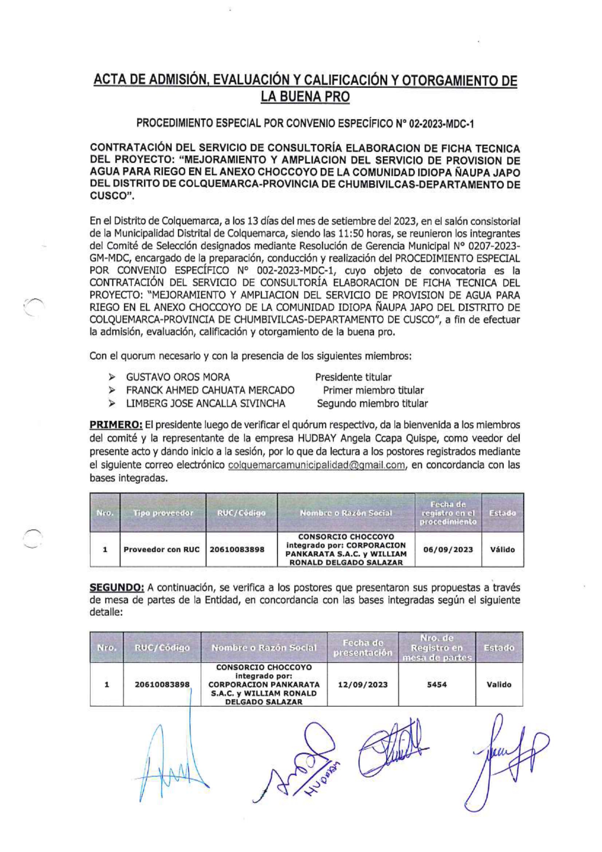 contratacion de servicio  de consultaria  elaboracion  de ficha tecnica  del Proyecto :”mejoramiento y ampliacion  del servicio  de provision  de agua para riego  en el anexo  choccoyo  de la comunidad  idiopa ñaupa japu  del Distrito de colquemarca ”