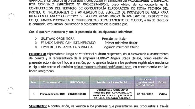 contratacion de servicio  de consultaria  elaboracion  de ficha tecnica  del Proyecto :”mejoramiento y ampliacion  del servicio  de provision  de agua para riego  en el anexo  choccoyo  de la comunidad  idiopa ñaupa japu  del Distrito de colquemarca ”