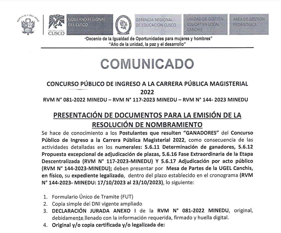 Comunicado Concurso público de ingreso a la carrera publica magisterial 2022.