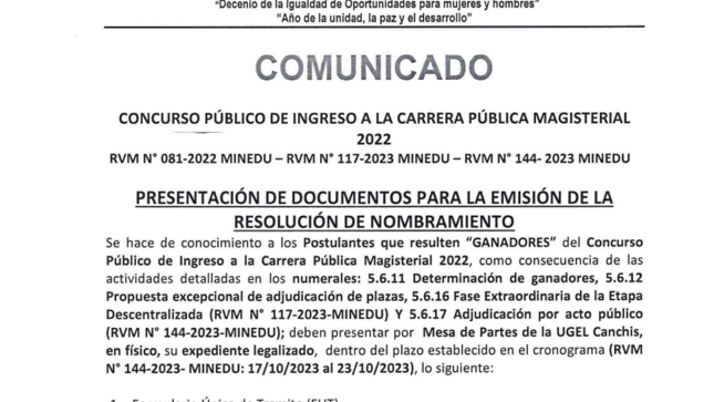 Comunicado Concurso público de ingreso a la carrera publica magisterial 2022.
