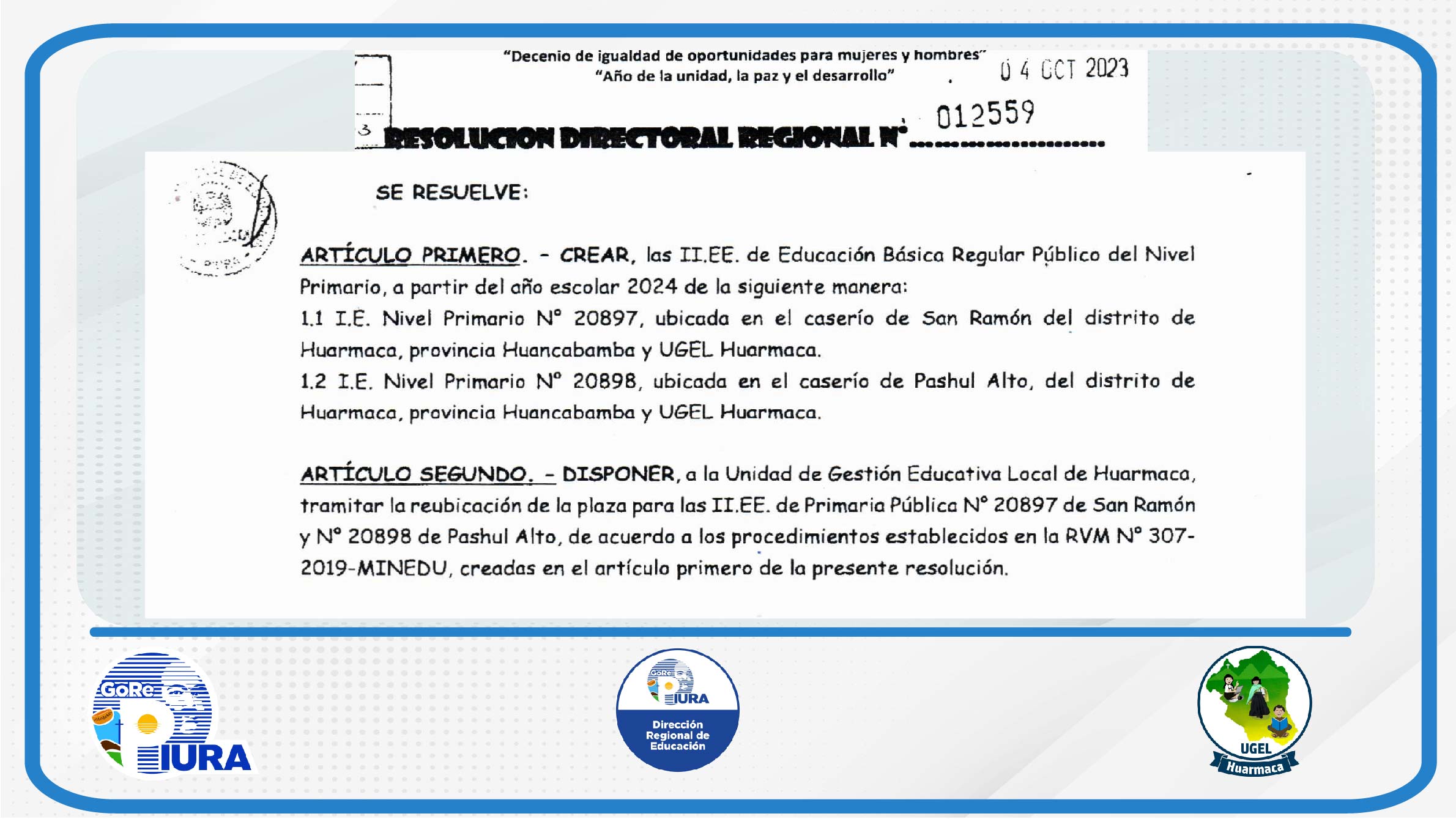 DRE Piura creó las II.EE. del nivel primaria de los caseríos San Ramón y Pashul Alto.
A través de la Resolución Directoral Regional N.° 012559, firmada por el director regional de Educación de Piura, Martín Olivares Chanduví, se aprobó la creación de dos instituciones educativas del nivel primaria, las mismas que empezarán a funcionar a partir del año 2024. Se trata de las II.EE. N.° 20897 del caserío San Ramón y 20898 del caserío Pashul Alto.
En tal sentido, el director de la UGEL Huarmaca, Edi Mío Suyón expresó el agradecimiento a la Dirección Regional de Educación de Piura por atender este pedido que es de gran necesidad para ambos caseríos. La autoridad educativa añadió que en los próximos días se oficializará la entrega de la resolución en ambas localidades.