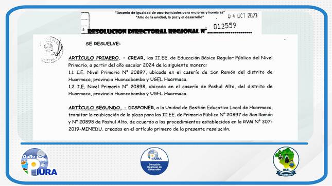 DRE Piura creó las II.EE. del nivel primaria de los caseríos San Ramón y Pashul Alto.
A través de la Resolución Directoral Regional N.° 012559, firmada por el director regional de Educación de Piura, Martín Olivares Chanduví, se aprobó la creación de dos instituciones educativas del nivel primaria, las mismas que empezarán a funcionar a partir del año 2024. Se trata de las II.EE. N.° 20897 del caserío San Ramón y 20898 del caserío Pashul Alto.

En tal sentido, el director de la UGEL Huarmaca, Edi Mío Suyón expresó el agradecimiento a la Dirección Regional de Educación de Piura por atender este pedido que es de gran necesidad para ambos caseríos. La autoridad educativa añadió que en los próximos días se oficializará la entrega de la resolución en ambas localidades.
